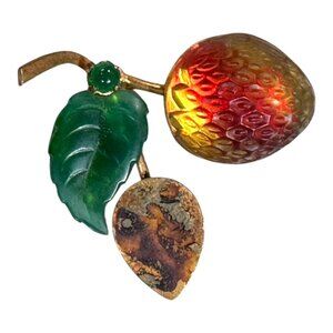Vintage AUSTRIA Fruit Strawberry Gold Tone Glass Bicolor Leaf Brooch Pin READ
